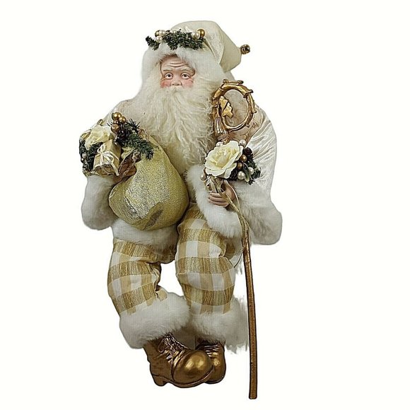 Christmas Santa Claus Shelf Sitter Bag Large 25" Gold White Bisque Cloth Body